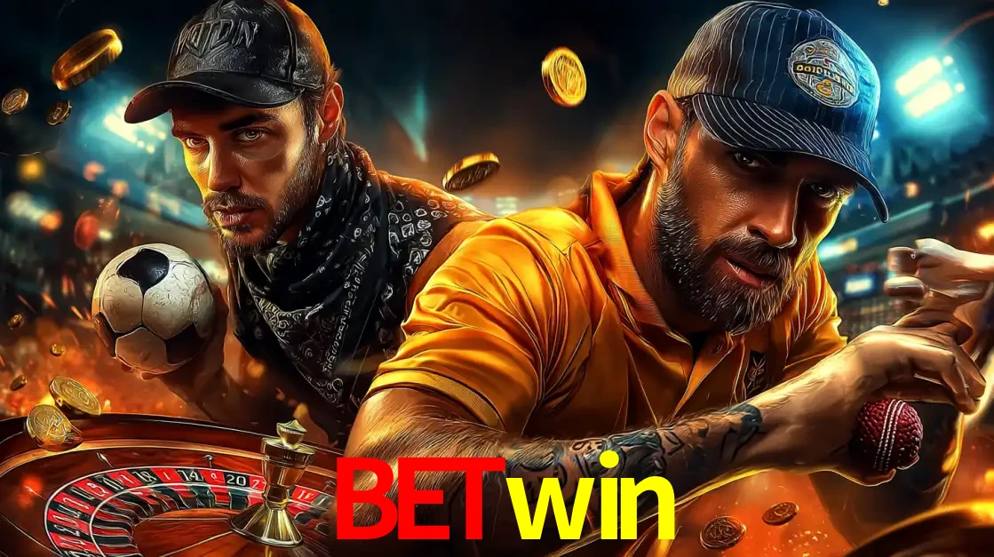 Montagem de apostas esportivas e cassino no betwin, com um homem segurando uma bola de futebol e outro uma de beisebol sobre uma roleta e moedas voadoras.